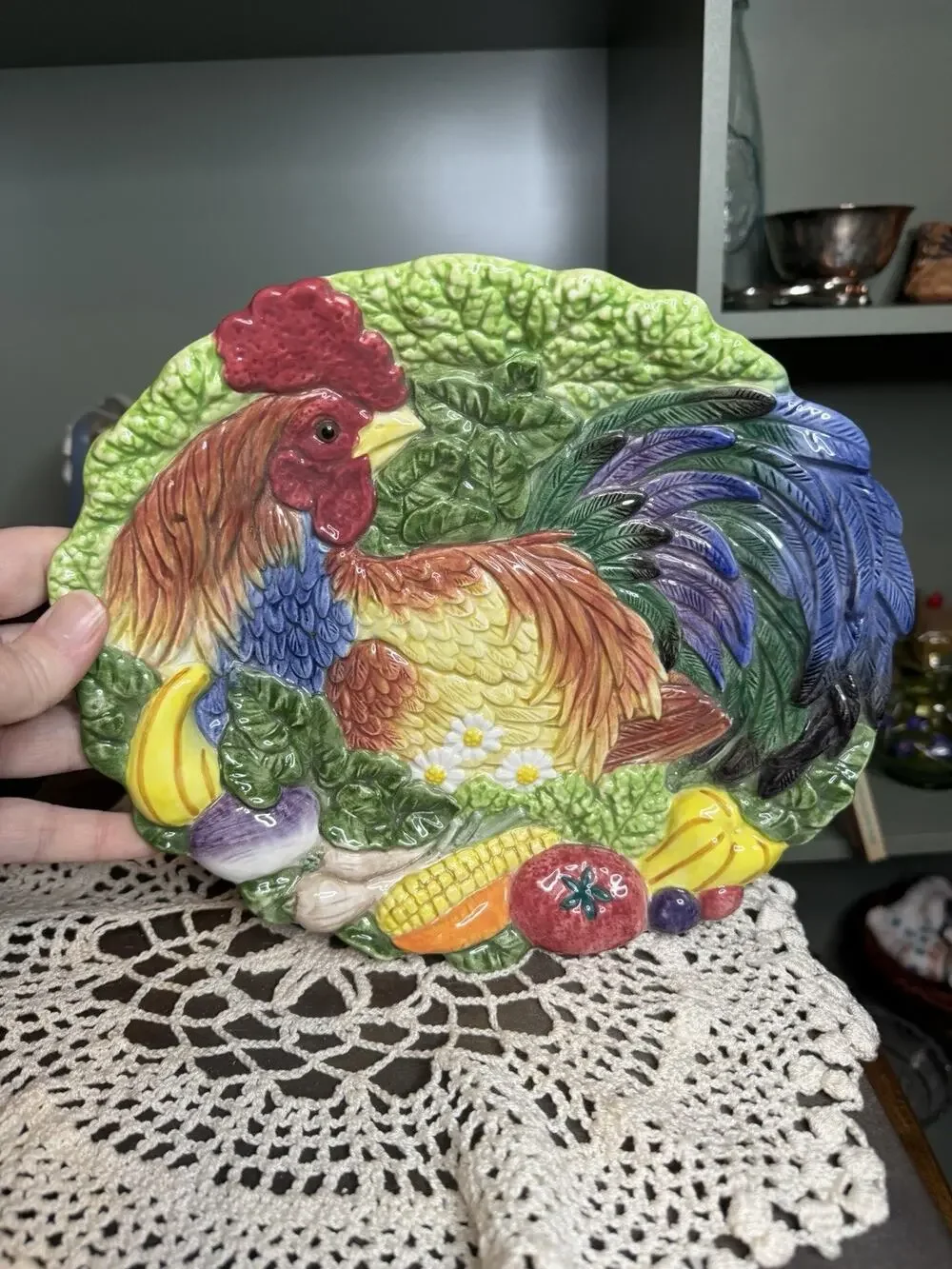 Fitz and Floyd Rooster Coq du Village Oval Wall Plaque 10x8,5 Majolica Nice